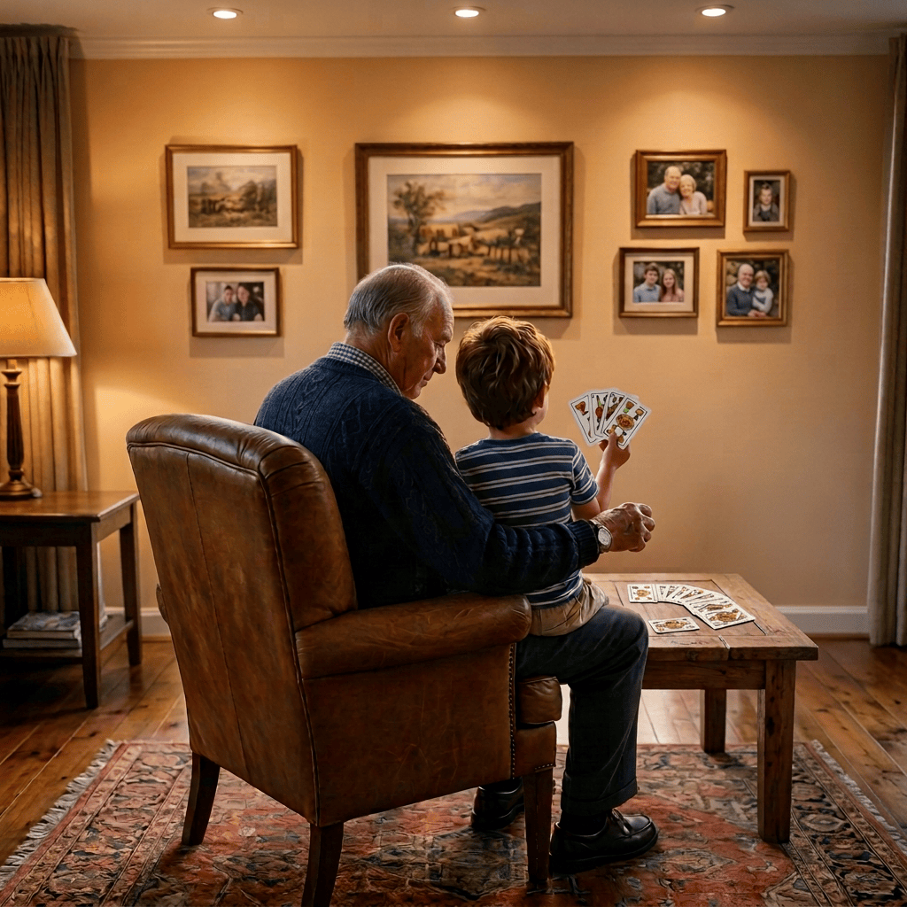 Grandfather holding a child on a porch overlooking a sunset countryside